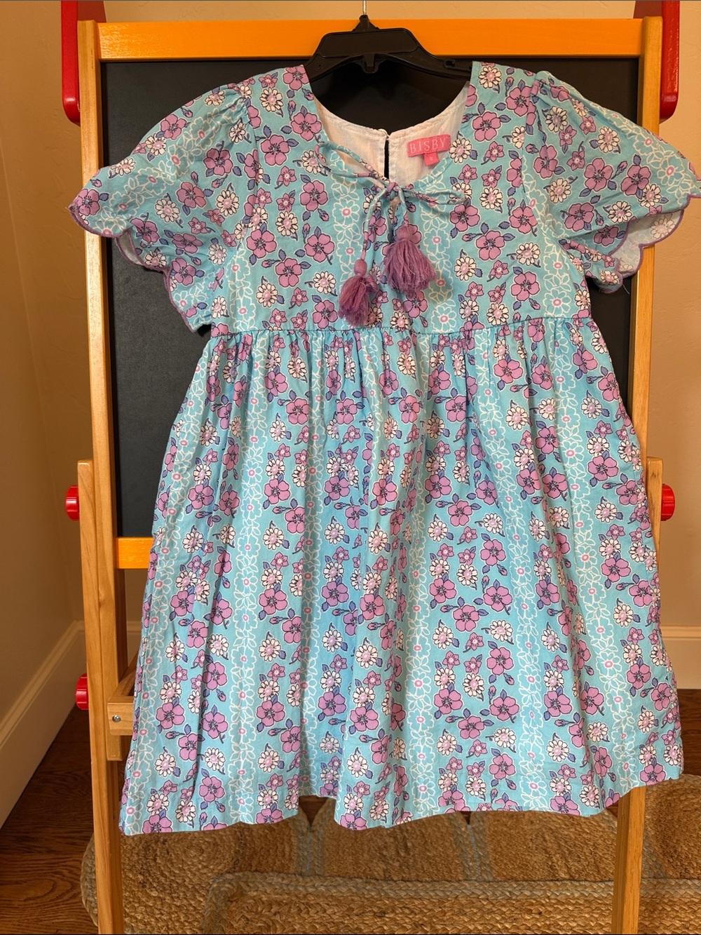 Bisby Girls' Aqua Floral Casual Dress with Tassel